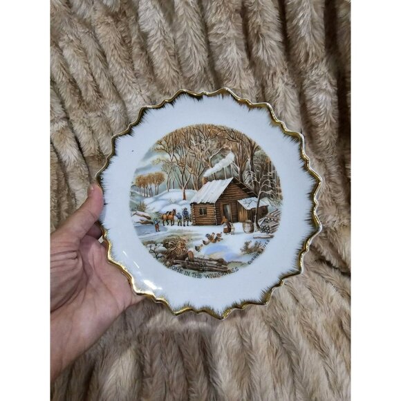 4-CURRIER & IVES THE HOMESTEAD IN WINTER Hanging Collector Plates Set GOLD Gild - Picture 2 of 8